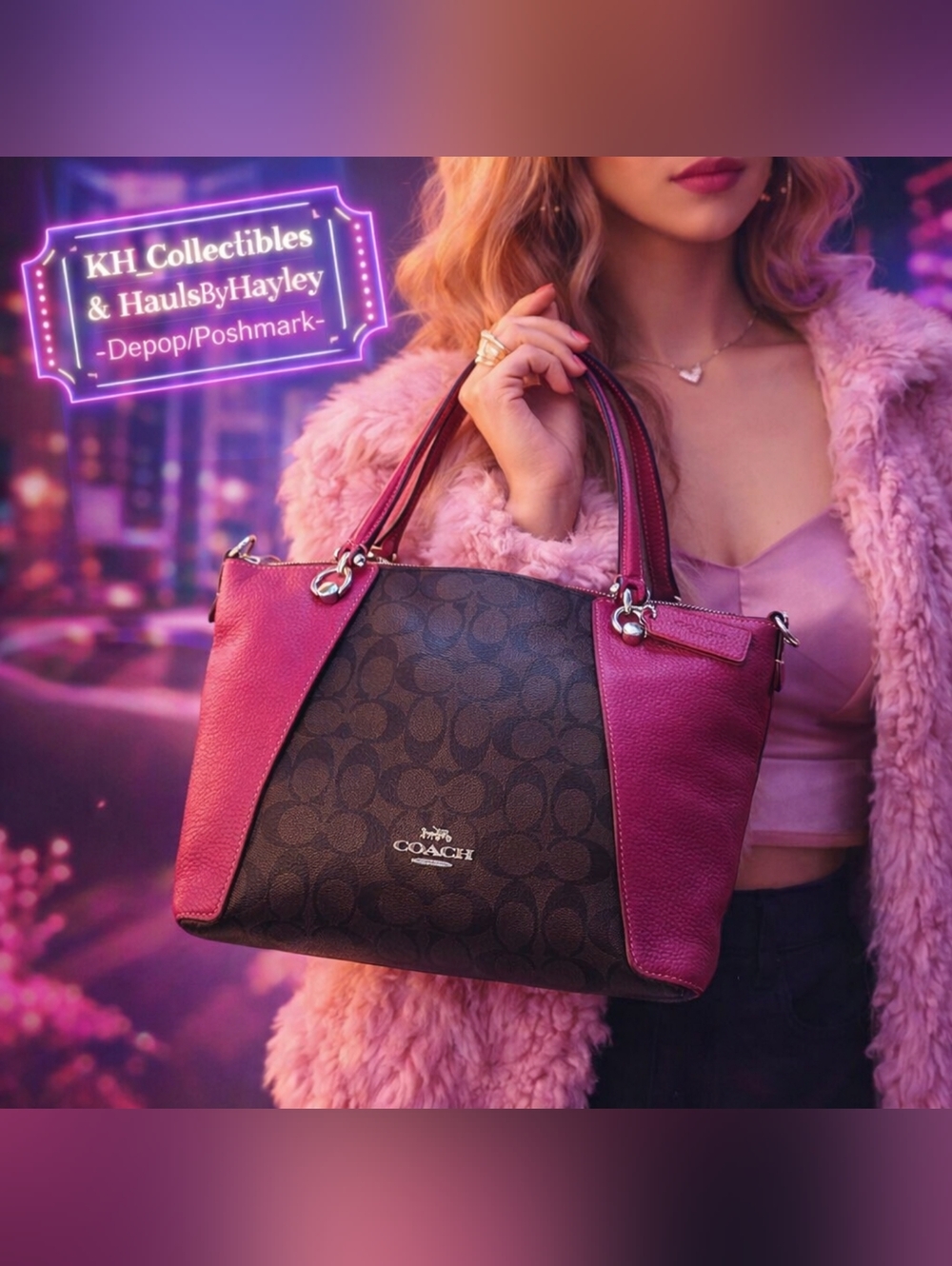 2023 Coach Kacey Satchel Signature Canvas Colorblock Brown Bright Violet NWT